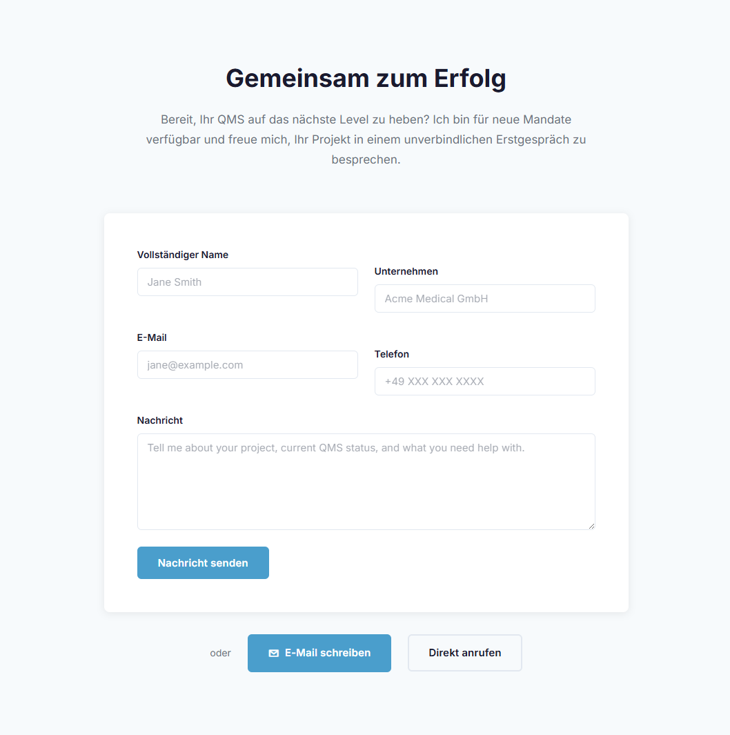 Kontaktformular-Sektion der Andreas Spitzer Website